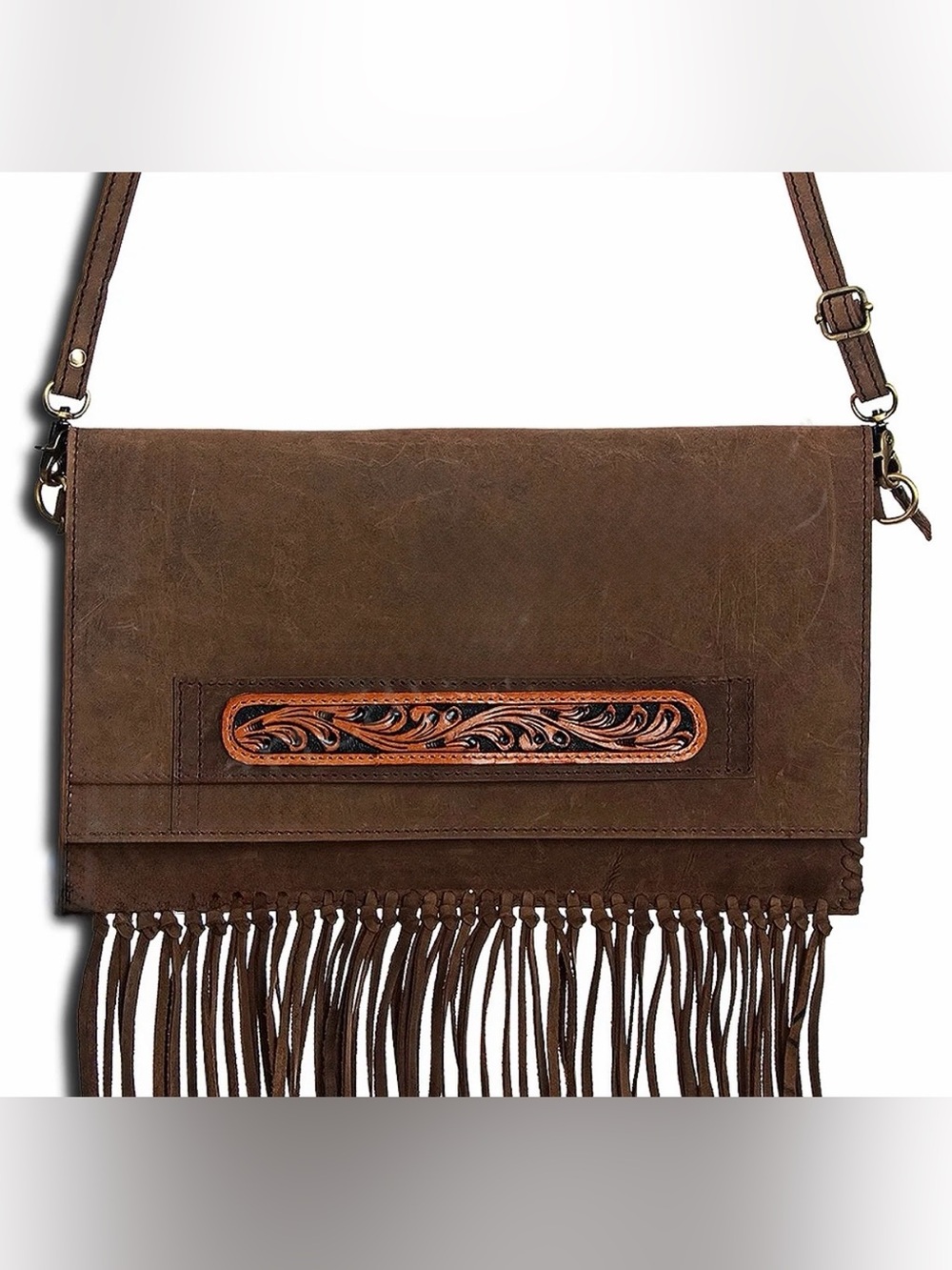 Western Bag Brown Leather Fringe Crossbody Bag with Tooled Accent